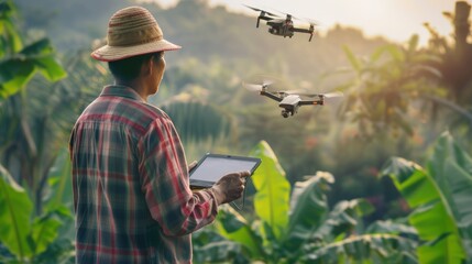A man in a field with a drone inspects the area. The concept of modern technologies in agriculture and farming.