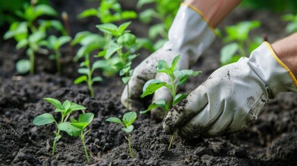 A young plant seedling in the ground. A man plants seedlings during the sowing season. Farming. Concept of natural plants and seeds for health.