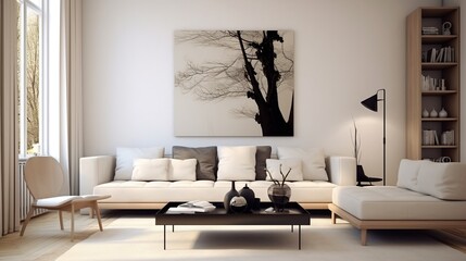 Elegant living room interior with sofa, and poster on a large wall. Minimalist living room at the house or apartment.