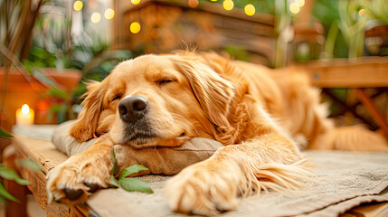 Relaxed dog laying on massage. Closeup shot.