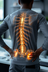 Men's prolonged office sedentary back pain, lumbar disc herniation, spinal lesions, back pain spine highlights - obrazy, fototapety, plakaty