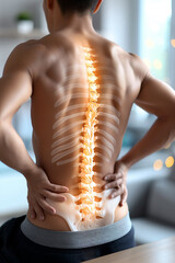Men's prolonged office sedentary back pain, lumbar disc herniation, spinal lesions, back pain spine highlights - obrazy, fototapety, plakaty