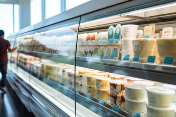 Various dairy alternatives in the refrigerated section, navigating through New Food Restrictions with the help of FDA-regulated nutritional information, with a modern supermarket - obrazy, fototapety, plakaty