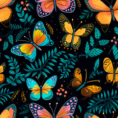 seamless pattern with bright butterflies and leaves on a black background