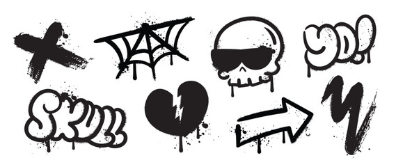 Set of black graffiti spray element vector. Collection halloween of symbol, skull, cobweb, arrow, heart, word with ink drip texture. Design illustration for sticker, decoration, street art.  - 739798315