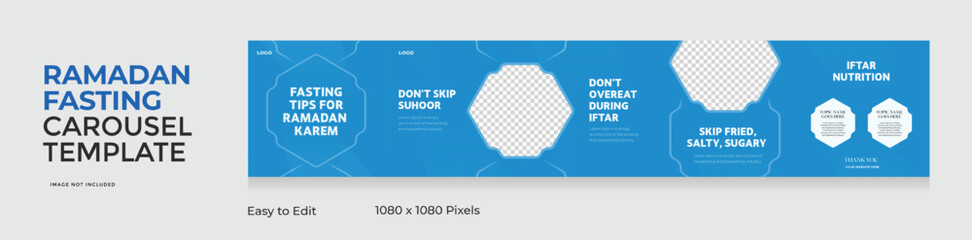 Social media carousel template, Ramadan theme square seamless square post, Ramadan fasting healthy tips, EPS vector illustration