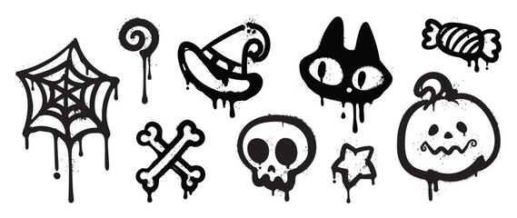 Naklejka premium Set of black graffiti spray element vector. Collection halloween of symbol, skull, cat, pumpkin, hat, cobweb, bone with ink drip texture. Design illustration for sticker, decoration, street art. 