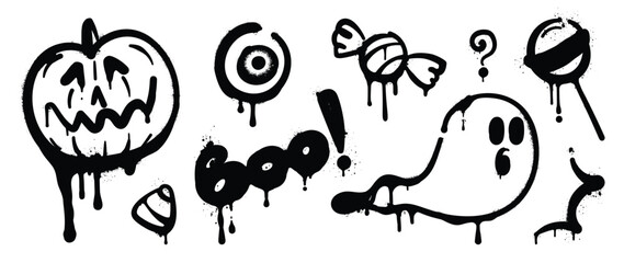 Fototapety  Set of black graffiti spray element vector. Collection halloween of symbol, ghost, pumpkin, eye, candy, lollipop with ink drip texture. Design illustration for sticker, decoration, street art. 