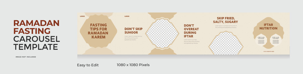 Social media carousel template, Ramadan theme square seamless square post, Ramadan fasting healthy tips, EPS vector illustration