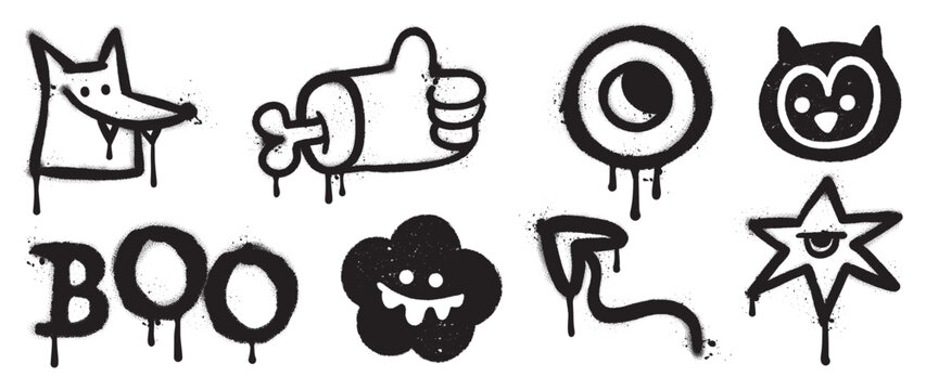 Set of black graffiti spray element vector. Collection halloween of symbol, hand, eye, flower, arrow, dog with ink drip texture. Design illustration for sticker, decoration, street art. 