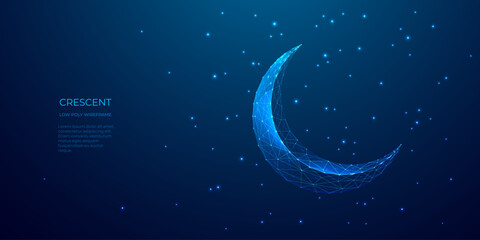 Abstract digital Ramadan moon on night starry sky background. Blue technology crescent consists of connected glowing dots and thin lines. Islamic moon. Holy Aid. Low poly wireframe vector illustration - obrazy, fototapety, plakaty