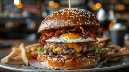 Hamburger with meat and vegetables - obrazy, fototapety, plakaty