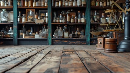 Vintage Apothecary Shelves Stocked with Earth-Toned Bottles and Herbal Ingredients.