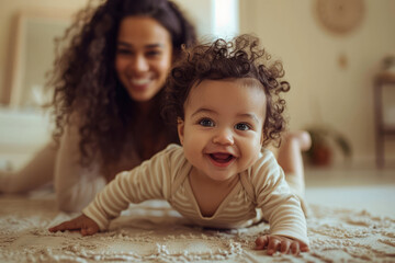 Happy 8 month latino baby in beige pajamas jolly crawls on the stomach across the floor to mom looks and smiles at camera. First steps of infant. Child development. Child care, babyhood