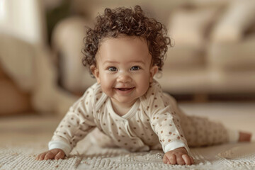 Happy 8 month caucasian baby in beige pajamas jolly crawls on the stomach across the floor looks and smiles at camera. First steps of infant. Child development. Child care, babyhood