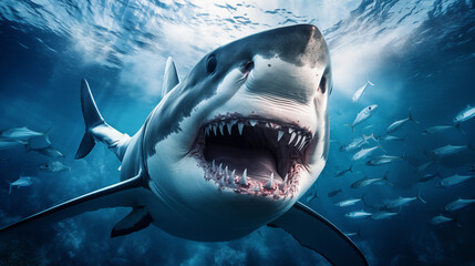 A shark swim underwater, marine life habitant. Shark with big jaw and sharp teeth attacks underwater in ocean. Dangerous shark in sea. Marine wildlife
