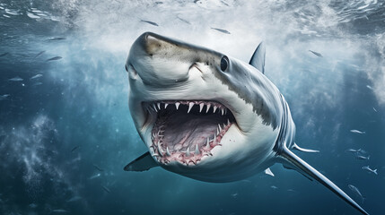 Fototapeta premium A shark swim underwater, marine life habitant. Shark with big jaw and sharp teeth attacks underwater in ocean. Dangerous shark in sea. Marine wildlife