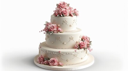 wedding cake, elegantly displayed against a crisp white background, showcasing its intricate design - obrazy, fototapety, plakaty