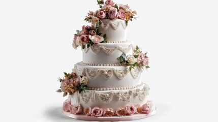 Obraz na płótnie Canvas wedding cake, elegantly displayed against a crisp white background, showcasing its intricate design
