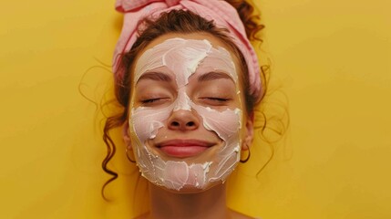 Blissful woman relaxes with pampering facial mask