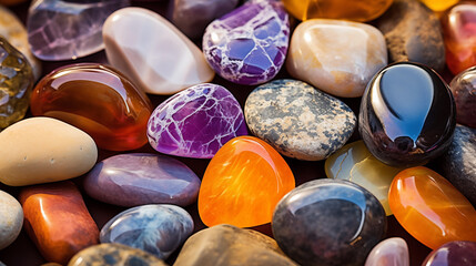 Gorgeous detailed pastel precious stones. Serene background of pastel rounded pebbles. Top view of different colourful natural gem stones crystals
