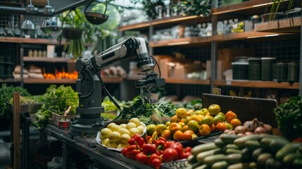In a bustling supermarket, a sleek robot arm gently picks and places vibrant vegetables, ensuring optimal quality and efficiency