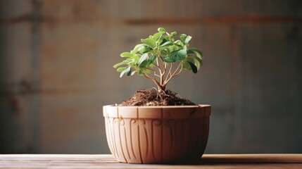 A small plant in a pot on a wooden table. Generative AI.