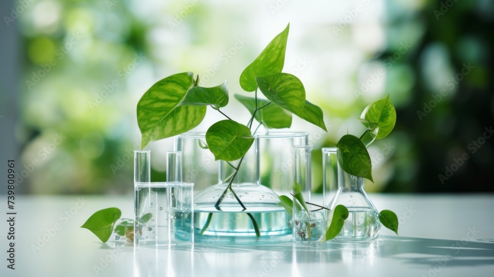 Poster Close-up of green branches with leaves in various beakers and test tubes on the table in the laboratory.