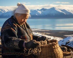 An elderly woman is sitting on a wooden bench with a basket. Generative AI.