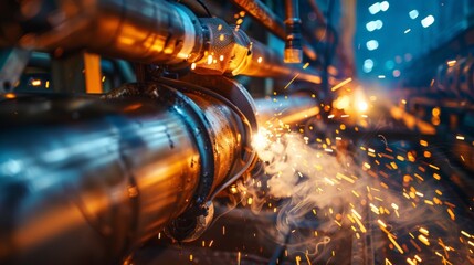 Welding large steel pipes in a factory