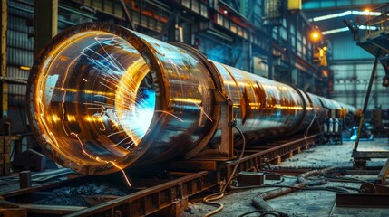 Welding large steel pipes in a factory - obrazy, fototapety, plakaty