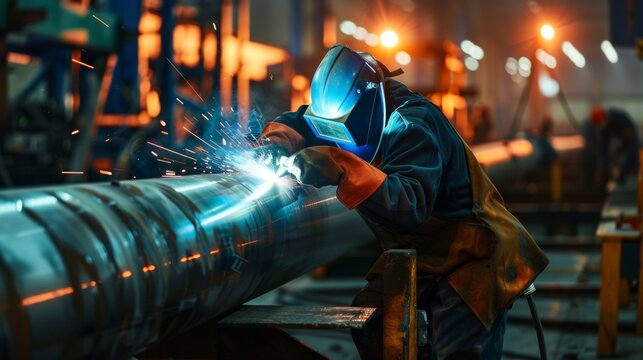 Sparks fly as worker welds pipe in bustling factory 