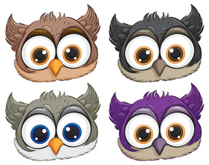 Fototapeta premium Four cute owls with different feather colors.