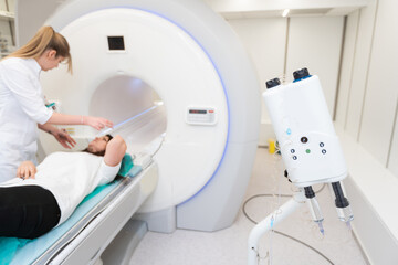 Medical CT or MRI Scan in the modern hospital laboratory. Interior of radiography department....