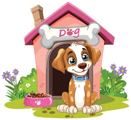 Cartoon puppy sitting by its colorful doghouse