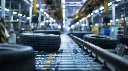 Conveyor belt full of tires in factory