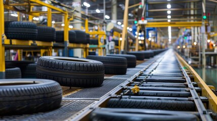 Conveyor belt full of tires in factory