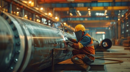 Workers wearing safety equipment are welding large pipes in a factory.