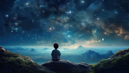 A child gazes up at a starry night sky, embodying the innocence and boundless dreams of youth - obrazy, fototapety, plakaty