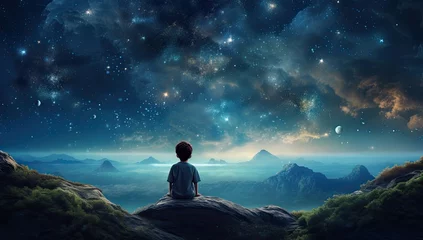 Foto op Plexiglas A child gazes up at a starry night sky, embodying the innocence and boundless dreams of youth © Murda