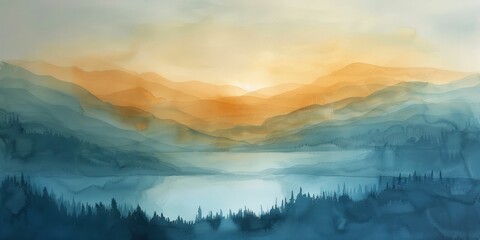 Tranquil mood in abstract watercolor landscape with dusk horizon, earthy tones blend