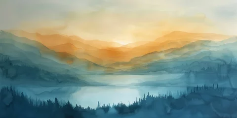Photo sur Plexiglas Vert bleu Tranquil mood in abstract watercolor landscape with dusk horizon, earthy tones blend
