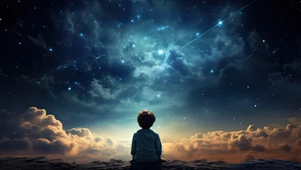 Foto op Plexiglas A child gazes up at a starry night sky, embodying the innocence and boundless dreams of youth © Murda
