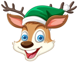 Printed roller blinds Kids Vector illustration of a smiling reindeer wearing a Christmas hat.