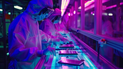 Focused chip engineer, bathed in soft light, meticulously examines a silicon wafer under a powerful microscope in a high-tech lab - obrazy, fototapety, plakaty