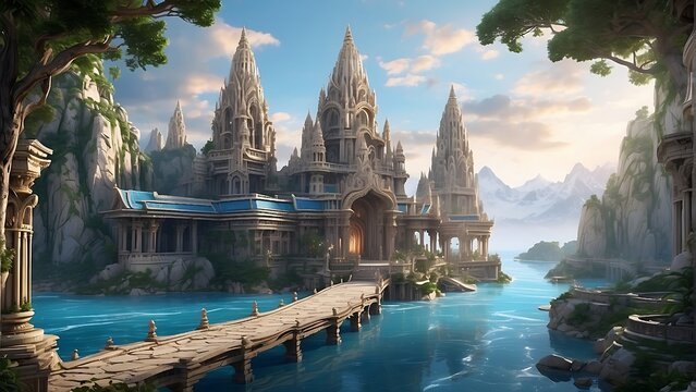 Fantasy blue Sky View Majestic Nature Landscape Wallpaper with water. AI generated image