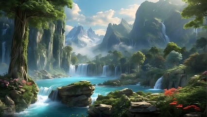 Naklejka na ściany i meble Waterfalls mystical forest, fantasy, fairy tale, magical, generative AI
