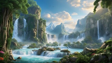 Waterfalls mystical forest, fantasy, fairy tale, magical, generative AI - obrazy, fototapety, plakaty