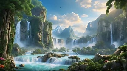 Foto op Plexiglas Waterfalls mystical forest, fantasy, fairy tale, magical, generative AI © ceng