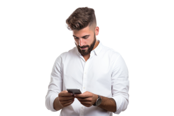 A man with a beard is actively using his cell phone. on a White or Clear Surface PNG Transparent Background.